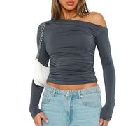 EMOTTOS Donna Crop Tops Monospalla, Maglietta Sexy Y2K con Manica Lunga Increspata, Camicie off-Shoulder Slim Fit, Moda Increspata Coulisse Maglietta Maniche Lunghe Donna (Nero/Grigio, S-L)