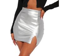 EMOTTOS Donna Gonna Corta in Colore Metallizzato, Sexy Gonna in Ecopelle Scintillante Gonne a Matita a Vita Alta con Zip e Avvolgimento Dell'anca, Fessura in Pelle PU per Le Donne, Argento, S