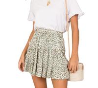 EMOTTOS Donna Gonna Corta Svasata, Sexy Boho Gonna a Vita Alta Elasticizzata a Plissettata con Stampa Floreale e Coulisse, Boemia Gonna Floreale con Orlo Increspato, Verde, L