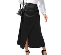EMOTTOS Donna Gonna Lunga in Raso, Gonna a Pieghe con Spacco Frontale a Eleganti Gonna Midi, Gonna Lunga a Vita Alta Casual Curvy a Linea con Cerniera, Nero, S