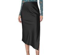 EMOTTOS Donna Gonna Lunga in Raso, Gonne Midi Elasticizzate a Vita Alta Sexy per Le Donne, Gonna Elegante con Spacco Asimmetrico, Nero, M