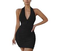 EMOTTOS Donna Mini Abito Increspato, Vestito Bodycon Senza Maniche con Profondo Scollo a V, Aderente Y2K Vestito Schiena Scoperta, Vestito Bodycon da Festa Discoteca Sera Cocktail Party, Nero, L