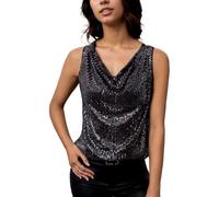 EMOTTOS Donna Paillettes Canottiera con Collo Oscillante, Senza Maniche Glitter Maglia con Scollo a V, Elegante Slim Fit Lucide Canotta Estivo Clubwear per Donna Club Party, Nero, L