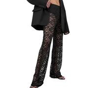 EMOTTOS Donna Pantaloni in Pizzo, Y2k Pantaloni a Vita Alta con Fondo Gamba Dritto con Motivo Floreale, Pantaloni Elastici in Vita, Slim Fit Pantaloni a Rete Trasparenti per Feste, Nero, L