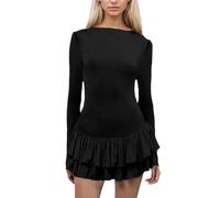 EMOTTOS Donna Sexy Corto Mini Vestito, Abiti da Cocktail Eleganti con Orlo Increspato, Vestito Bodycon Aderente con Scollo Rotondo, Abiti Swing per Feste Clubbing Cocktail Compleanno, Nero, L