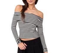 EMOTTOS Donna Slim Fit Crop Tops, Top alla Moda da Donna y2k a Righe Nere e Bianco T-Shirt Casual Monospalla a Manica Lunga Camicetta di Base Tee Tops, Nero S