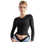 EMOTTOS Donna Y2K Crop Tops, Maglietta Manica Lunga Aderente doppiamente Foderata, Camicie Girocollo Slim Fit, Moda Skinny Y2K Maglietta Maniche Lunghe Donna (Nero/Grigio/Marrone/Champagne, S-L)