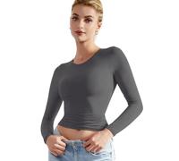 EMOTTOS Donna Y2K Crop Tops, Maglietta Manica Lunga Aderente doppiamente Foderata, Camicie Girocollo Slim Fit, Moda Skinny Y2K Maglietta Maniche Lunghe Donna (Nero/Grigio/Marrone/Champagne, S-L)