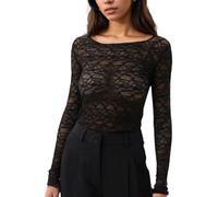 EMOTTOS Donna Y2K Sheer Mesh Maglietta, Sexy Crop Top con Trasparente Top in Pizzo Ricamato, Slim Fit Cut out Shirt in Rete con Collo Rotondo per Uscire Casual Clubwear, Nero, L