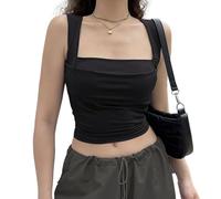 EMOTTOS Donne increspate Top a Taglio Basso, Estate Sexy Collo Quadrato Doppio Volant Gilet, Y2k Slim Fit off-Shoulder Sleeveless Crop Top Camisole(Nero-S)