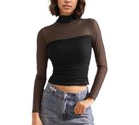 EMOTTOS Donne Patchwork Maglia a Rete, Sexy Maglietta in Pizzo Increspato Magliette con Collo a Tartaruga, T-Shirt Trasparente per Uscire in Discoteca, Nero, S