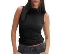 EMOTTOS Donne Pizzo Doppio Strato Top, Estate Patchwork Maglia Girocollo Increspato Top Senza Maniche, Slim Fit Swing Orlo Partito Senza Maniche Camicia Uscire Tops(Black-M)