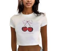 EMOTTOS Donne Sexy Stampa Ciliegia Maglietta, Y2K Slim Fit Maglia a Collo Rotondo Stretto, Estivo Aderente Corte T-Shirt a Manica Corta Moda Camicia in Discoteca, Bianco, L