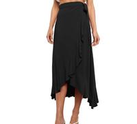 EMOTTOS Gonna Lunga Allacciata in Un Unico Pezzo, Sexy Boho Gonne Midi a Vita Alta per Le Donne, Boemia A-Line Design Irregolare Ruffle Spacco Hem Flowy Gonna, Nero, S