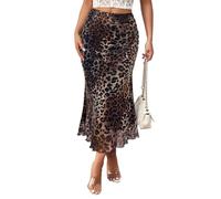 EMOTTOS Gonna Lunga Donna, Estiva Sirena Stampa Leopardata vestibilità Slim Sexy Vita Alta Tulle Elasticizzato Linea ad A Orlo Plissettato Rete Abbigliamento Discoteca Ragazze, Marrone, Taglie M