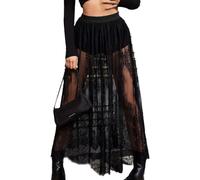 EMOTTOS Gonna Lunga Donna, Maxi Semitrasparente in Pizzo Sexy 2 in 1 Trasparente in Rete Elastico in Vita Alta Linea ad A Sottogonna in Tulle con Pantaloncini Festival Streetwear Clubwear, Nero, S