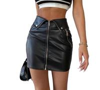 EMOTTOS Gonna Pelle Donna, Zip Finta Pelle Elastico Stretch Ecopelle Minigonna Due Modi di Indossare, Due Tasche Laterali con Zip Gonna Tubino a Vita Alta Che Dimagrisce I'anca Mini Skirt, Nero, M