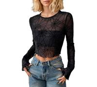 EMOTTOS Maglia Trasparente Donna, Sexy Ragnatela Elasticizzato Modello Top in Rete da Maniche Lunghe, Maglietta Camicia con Party Clubwear, Nero, S