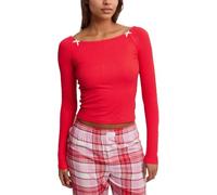 EMOTTOS Maglietta a Manica Lunga Donna, Camicia Girocollo da Elegante Donna con Fiocco Decorativo Y2K, Crop Top Basic Shirt Tinta Unita Casual, Camicetta di Base per Donne, Rosso, S