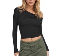 EMOTTOS Maglietta a Manica Lunga Donna, Tinta Unita Elasticizzata Sexy Y2K Spalle Scoperte Morbida Magliette Tunica Crop Top, Slim Fit Elegant T-Shirt Design Ritorto sul Petto, Nero, S