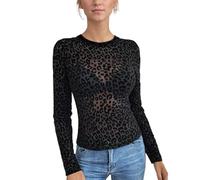 EMOTTOS Maglietta da Donna con Leopardata, Y2K Slim Fit Maglia a Collo Rotondo Stretto, Stampa Animale Aderente Manica Lunga Maglietta per Uscire in Discoteca, Nero, L