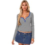 EMOTTOS Maglietta Donna Y2K, Sexy Button Down con Scollo a V e Manica Lunga Slim Fit, Crop Tops Snellente in Cotone Elasticizzato a Righe Semplici, Nero, S