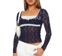 EMOTTOS Maglietta Trasparente in Tulle a Maniche Lunghe con Pizzo Sexy e Floreale con Scollo Quadrato Aderente Y2k e Top Crop con Reggiseno di per Uscire per Strada.(Blue-L)