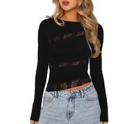 EMOTTOS Magliette Sexy in Pizzo da Donna - T-Shirt con Nodo al Collo a Punta Y2k, Top Crop Slim Fit a Rete con Scollo Tondo, Blusa Sexy Top Dupes con Pizzo Floreale per Club Streetwear(Black-S)