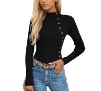 EMOTTOS Maglione a Maglia Donna, Maglia Leggera con Bottone Laterale, Maglione Pullover con Scollo Mezzo Alto, Maglietta Costine Vintage Casual a Strisce per Donna, Nero, S