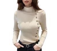 EMOTTOS Maglione a Maglia Donna, Maglia Leggera con Bottone Laterale, Maglione Pullover con Scollo Mezzo Alto, Maglietta Costine Vintage Casual a Strisce per Donna, Beige, M