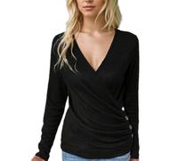 EMOTTOS Maglione da Donna in Waffle, Top da Donna con Bottone Laterale, Maglietta con Increspatura Sexy e Scollo a V, Pullover Maglia Morbida e Casual per l'inverno e l'autunno, Nero, L