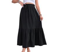 EMOTTOS Maxi Gonna Estiva da Donna, in Stile Bohémien, a Vita Alta, Elasticizzata, con Orlo a Volant, Linea A Bohème Spiaggia, Cordoncino Decorativo Lungo, a Maniche Lunghe, Nero M