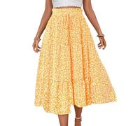 EMOTTOS Maxi Gonna Estiva da Donna, in Stile Bohémien, a Vita Alta, Elasticizzata, con Orlo a Volant, Linea A Bohème Spiaggia, Cordoncino Decorativo Lungo, a Maniche Lunghe, Giallo XL