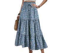 EMOTTOS Maxi Gonna Estiva da Donna, in Stile Bohémien, a Vita Alta, Elasticizzata, con Orlo a Volant, Linea A Bohème Spiaggia, Cordoncino Decorativo Lungo, a Maniche Lunghe, Blu XL