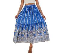 EMOTTOS Maxi Gonna Estiva da Donna, Stile Bohémien, in Vita Alta, Elasticizzata, Orlo Plissettato, Gonna Lunga, Stile Bohémien, Vintage, Stampa su Cordoncino, Maxi Lungo, Elegante Volant, Blu, M
