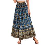 EMOTTOS Maxi Gonna Lunga Donna, Boho Gonne Lunghe Vita Alta Estive con Cinturino Decorativo, Bohemien Elastica Gonna Floreale Plissettata Swing Gonna A-Linea Casual Elegante, Blu M