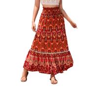 EMOTTOS Maxi Gonna Lunga Donna, Boho Gonne Lunghe Vita Alta Estive con Cinturino Decorativo, Bohemien Elastica Gonna Floreale Plissettata Swing Gonna A-Linea Casual Elegante, Rosso S