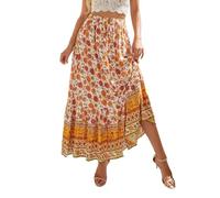 EMOTTOS Maxi Gonna Lunga Donna, Boho Gonne Lunghe Vita Alta Estive con Cinturino Decorativo, Bohemien Elastica Gonna Floreale Plissettata Swing Gonna A-Linea Casual Elegante, Giallo L