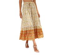 EMOTTOS Maxi Gonna Lunga Donna, Boho Gonne Lunghe Vita Alta Estive Spacco Frontale con Cinturino Decorativo, Bohemien Elastica Gonna Floreale Plissettata Swing Gonna A-Linea Elegante, Arancione L