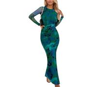 EMOTTOS Maxi Vestito da Donna con Stampa Floreale, Abito Lungo con Fondo Diviso in Due, Abito Elegante da Donna con Vita Increspata, Abito Lungo a Sera per la Spiaggia, Verde, L