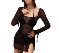 EMOTTOS Mini Abito a Rete con Scollo Quadrato, Manica Lunga Sexy con Spalline Regolabili, Abiti in Pizzo con Orlo Spaccato Vestiti da Sera per Donna, Nero, S