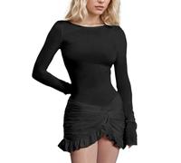 EMOTTOS Mini Abito da Donna a Aderente, Abiti da Cocktail con Volant e Vita Elastica, Abito Bodycon Aderente con Scollo Rotondo, Abiti per Feste Clubbing e Cocktail di Compleanno, Nero, L