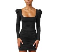 EMOTTOS Mini Abito da Donna con Pieghe Aderente, Vestito Bodycon con Maniche a Sbuffo, Abiti da Cocktail Senza Schienale con Collo a U, Abiti Corti a Matita per Feste Cocktail, Nero, M