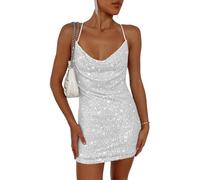 EMOTTOS Mini Abito di Luccichio, Donne Sexy Backless Halter Dress con Fodera, Morbido Swing Hem Bodycon Dress, Shiny Tube Club Cocktail Party Pencil Dresses (Nero/Argento, S-XL)