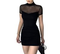 EMOTTOS Mini Abito Sexy a Rete, Morbido Abito da Donna in Pizzo Patchwork Club Bodycon, Mezzo Collo Alto Pullover Abiti da Festa increspati(Black-S)