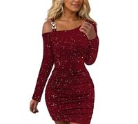 EMOTTOS Mini Vestito Sexy di Paillettes da Donna, Abiti da Elegante con Spalle Spioventi Fibbia Quadrata, Corto Cerimonia con Pieghe in Vita Slim Fit Party Club, Rosso, L