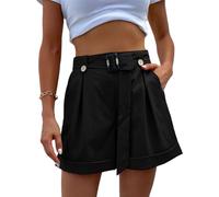 EMOTTOS Pantaloncini Donna con Tasche Estivi, Vita Alta Pantaloncini Corti Elasticizzata con Cintura Rimovibile con Bottoni, Casual Plissettata Pantaloni Shorts Loose Estivi, Nero L