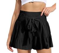 EMOTTOS Pantaloncini Donna Estivi Shorts, Vita Alta Pantaloncini Corti Elasticizzata con Cintura Elastica con Fiocco Decorato, Casual Plissettata Pantaloni Shorts Bordo a Balze Loose, Nero L