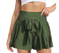 EMOTTOS Pantaloncini Donna Estivi Shorts, Vita Alta Pantaloncini Corti Elasticizzata con Cintura Elastica con Fiocco Decorato, Casual Plissettata Pantaloni Shorts Bordo a Balze Loose, Verde L