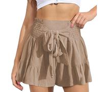 EMOTTOS Pantaloncini Donna Estivi Shorts, Vita Alta Pantaloncini Corti Elasticizzata con Cintura Elastica con Fiocco Decorato, Casual Plissettata Pantaloni Shorts Bordo a Balze Loose, Albicocca M